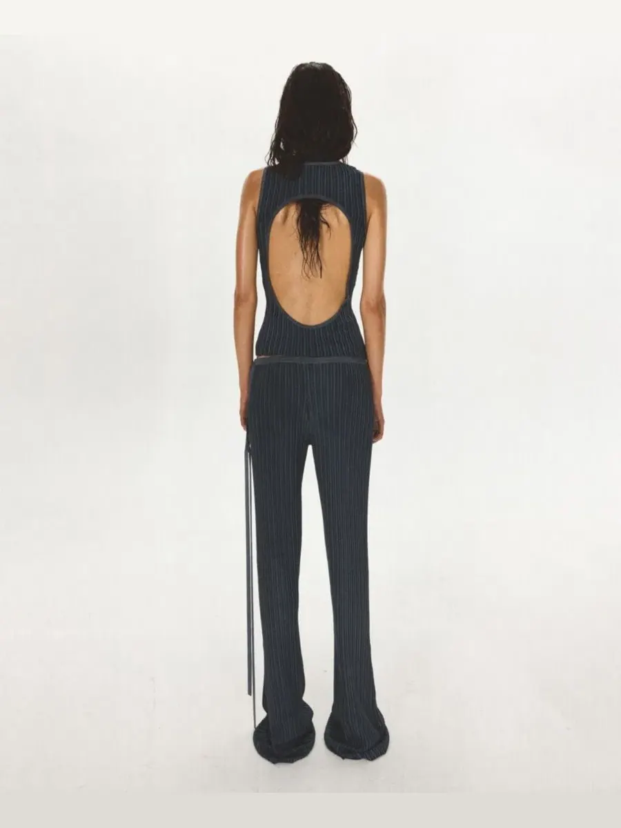 Брюки клеш с завязкой на талии, модель Bow Detail Ribbed Flared Pants MANGO — изображение 3 из 7, синий