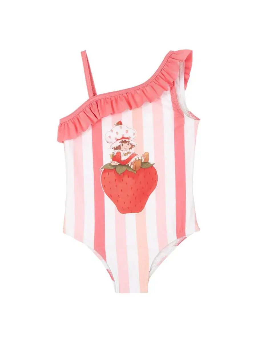 Детский цельнокроеный купальник с асимметричным вырезом и принтом Vintage Strawberry Shortcake — розовый