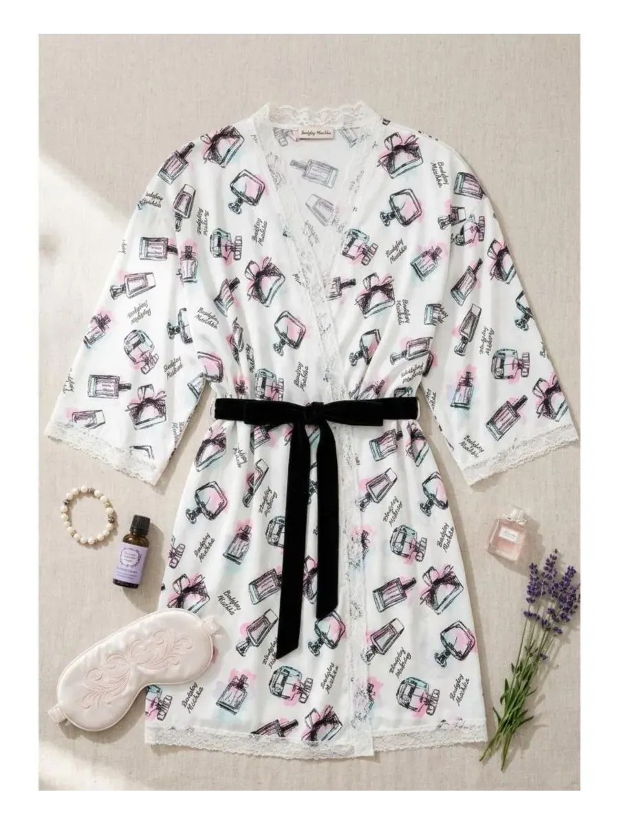 Женский халат-кимоно с поясом, короткий, из трикотажа, модель Wrap Short Studio Badgley Mischka — изображение 4 из 5