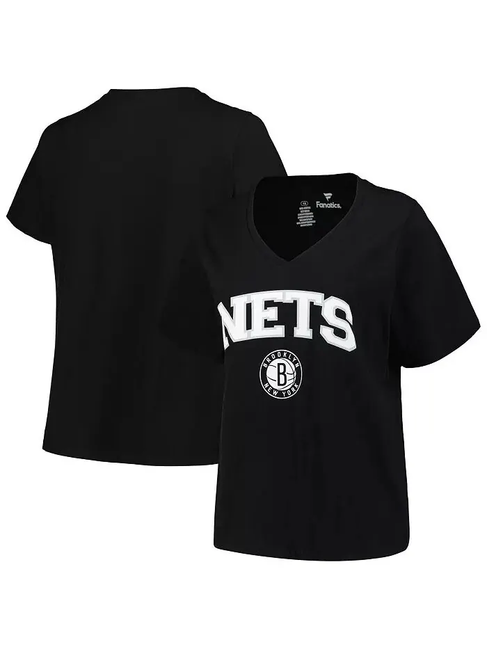 Женская черная футболка Brooklyn Nets размера Plus Arch Over Logo с V-образным вырезом Profile — изображение 1 из 3