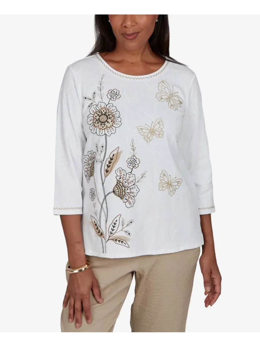 Блузка с вышивкой 3/4 рукав Petite Floral Embroidered Alfred Dunner