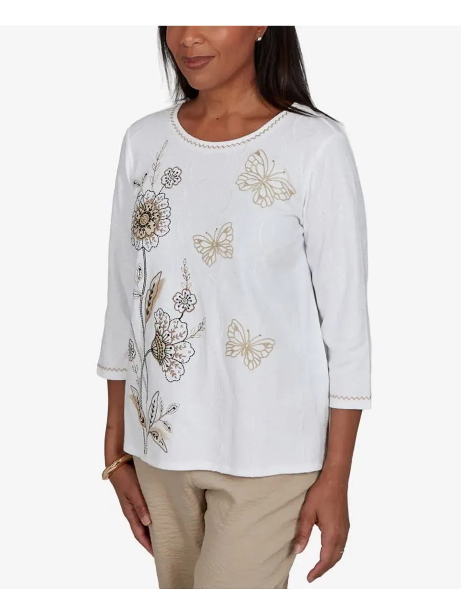 Блузка с вышивкой 3/4 рукав Petite Floral Embroidered Alfred Dunner — изображение 2 из 5, белый