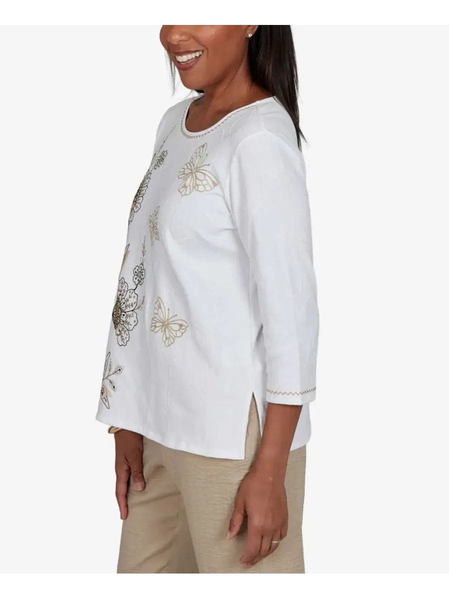 Блузка с вышивкой 3/4 рукав Petite Floral Embroidered Alfred Dunner — изображение 3 из 5, белый