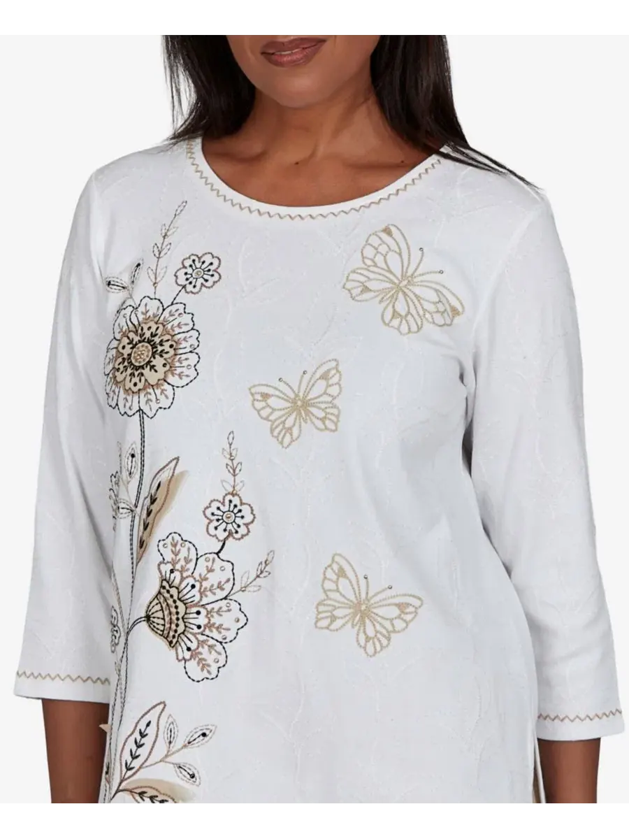 Блузка с вышивкой 3/4 рукав Petite Floral Embroidered Alfred Dunner — изображение 4 из 5, белый