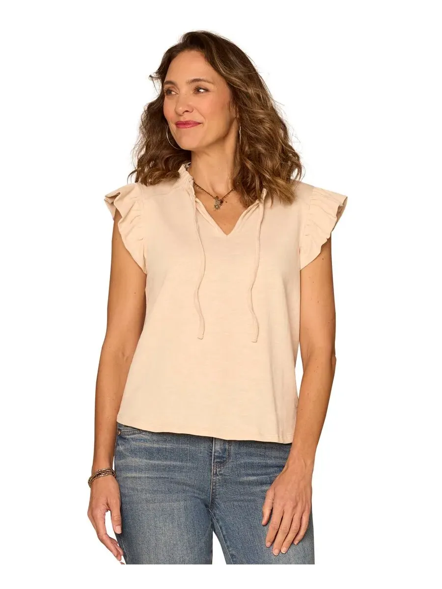 Блузка с воланами и коротким рукавом, модель Petite Ruffle Cap-Sleeve Knit Top Democracy
