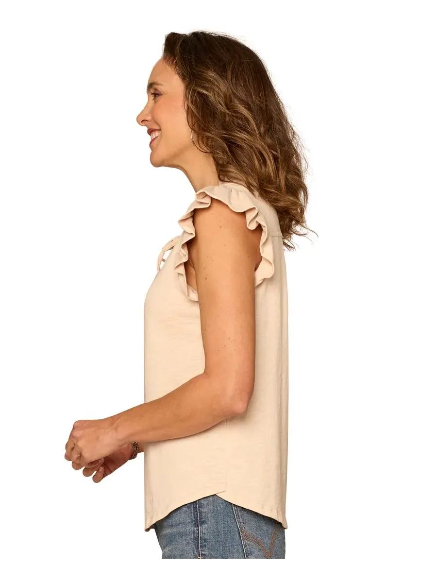 Блузка с воланами и коротким рукавом, модель Petite Ruffle Cap-Sleeve Knit Top Democracy — изображение 2 из 3, макадания