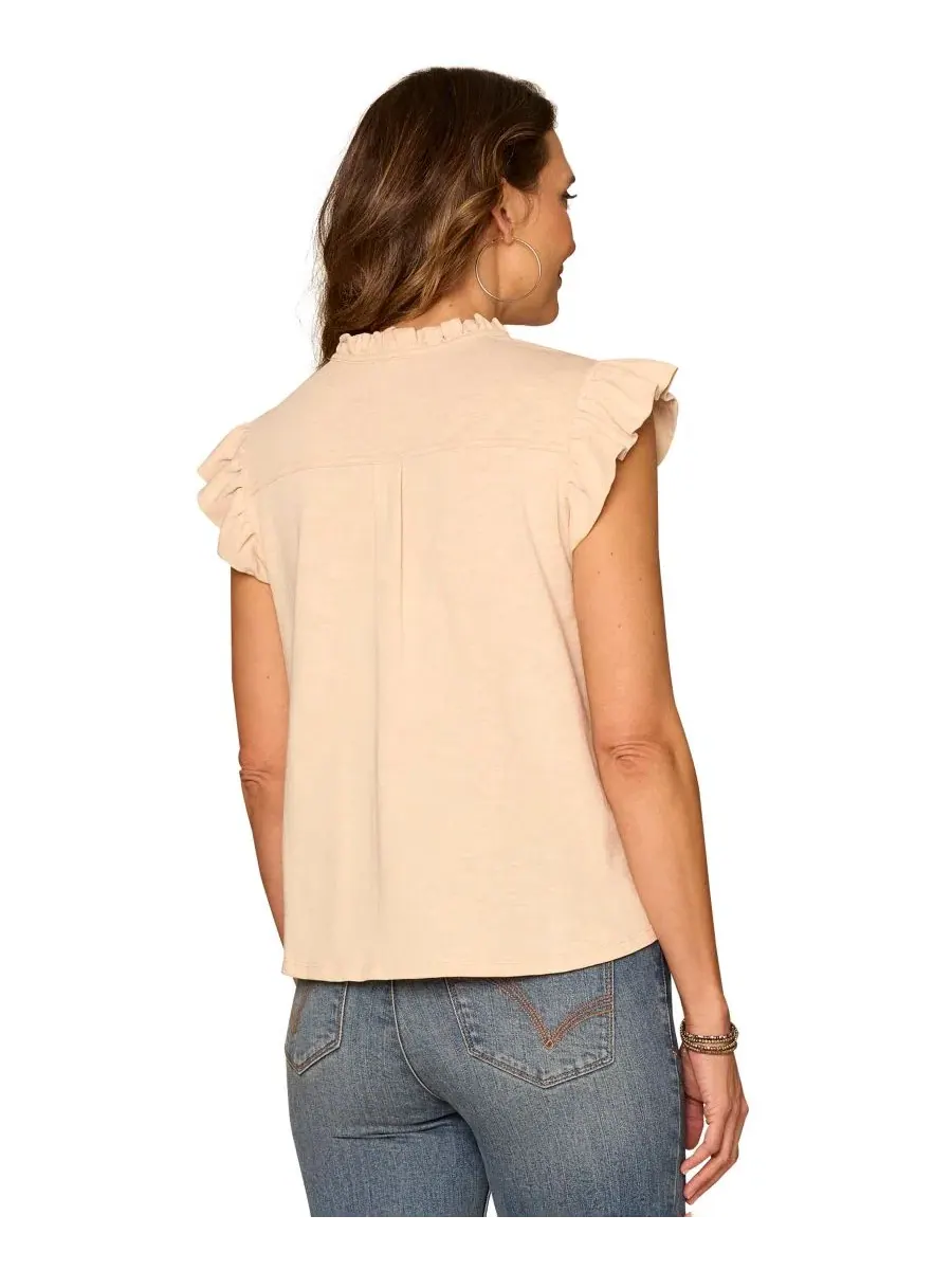 Блузка с воланами и коротким рукавом, модель Petite Ruffle Cap-Sleeve Knit Top Democracy — изображение 3 из 3, макадания