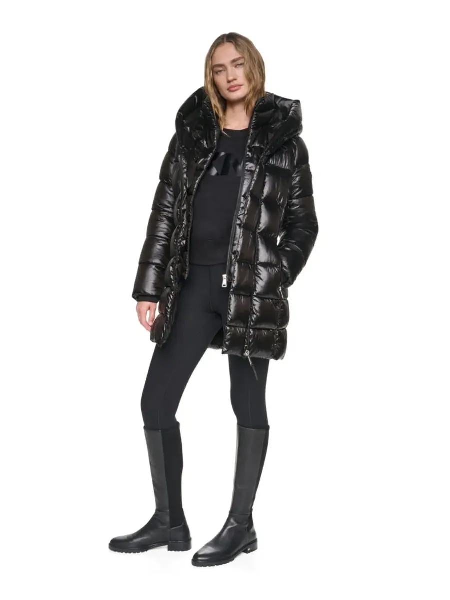 Женское пальто-пуховик с капюшоном и нагрудником Pearlized Hooded Walker with Bib DKNY — изображение 2 из 7, черный