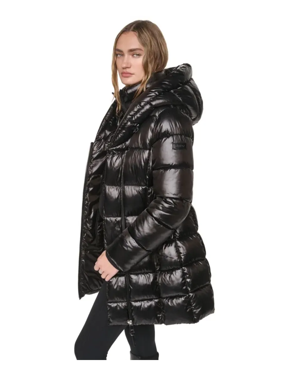 Женское пальто-пуховик с капюшоном и нагрудником Pearlized Hooded Walker with Bib DKNY — изображение 3 из 7, черный