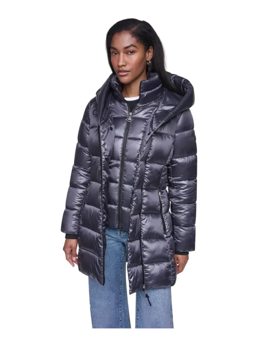 Женское пальто-пуховик с капюшоном и нагрудником Pearlized Hooded Walker with Bib DKNY — изображение 2 из 5, титан