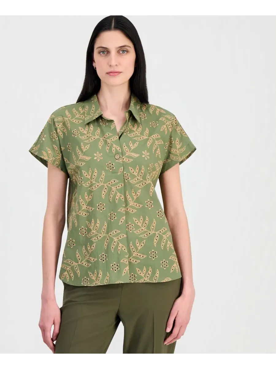 Блузка с воротником и коротким рукавом Petite Collar Neck Short-Sleeve Cotton Top Tahari ASL