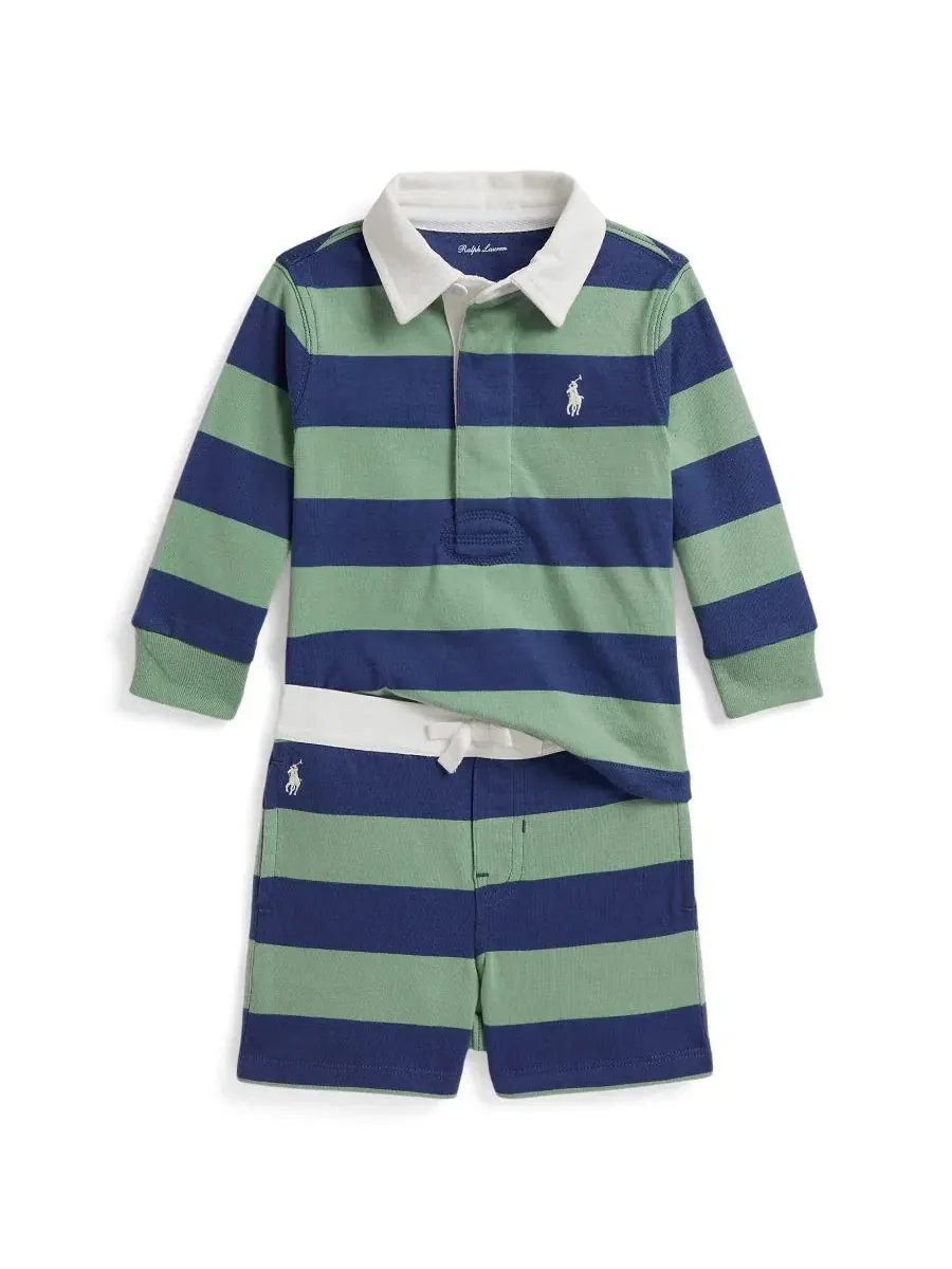 Комплект из полосатой рубашки и шорт для мальчика, модель Striped Rugby Shirt and Shorts Polo Ralph