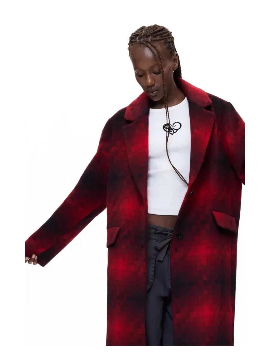 Пальто длинное шерстяное в клетку Desigual