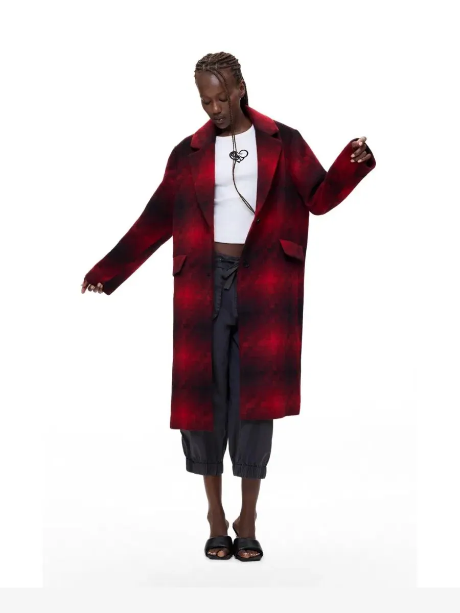 Пальто длинное шерстяное в клетку Desigual — изображение 2 из 3, светлый/красный