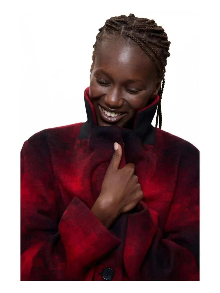 Пальто длинное шерстяное в клетку Desigual — изображение 3 из 3, светлый/красный