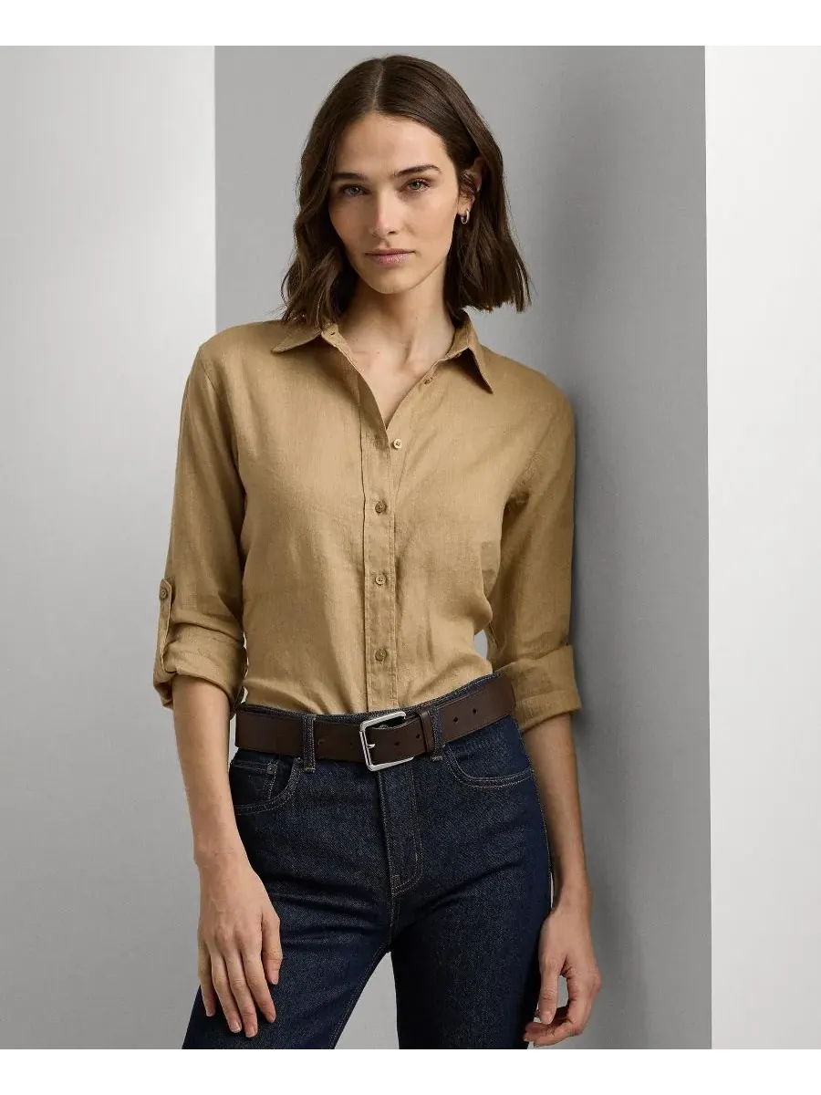 Женская рубашка с острым воротником и планкой на пуговицах Lauren Ralph Lauren — изображение 1 из 10, хаки