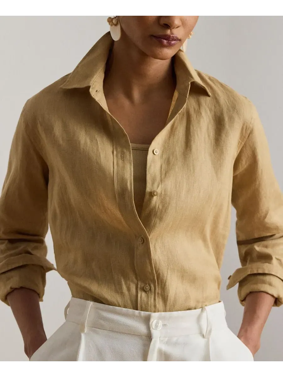 Женская рубашка с острым воротником и планкой на пуговицах Lauren Ralph Lauren — изображение 4 из 10, хаки