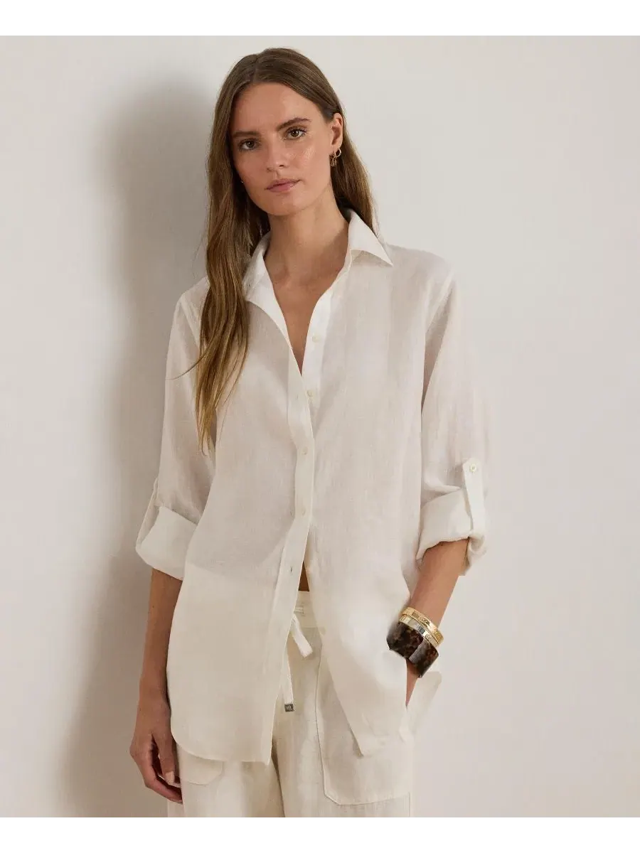 Женская рубашка с острым воротником и планкой на пуговицах Lauren Ralph Lauren — изображение 10 из 10, хаки