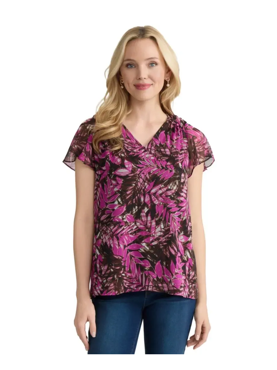 Блуза с коротким рукавом-крылышком и V-образным вырезом, модель Printed V-Neck Top Jones New York