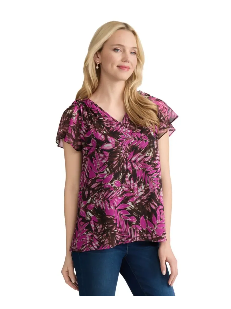 Блуза с коротким рукавом-крылышком и V-образным вырезом, модель Printed V-Neck Top Jones New York — изображение 2 из 4