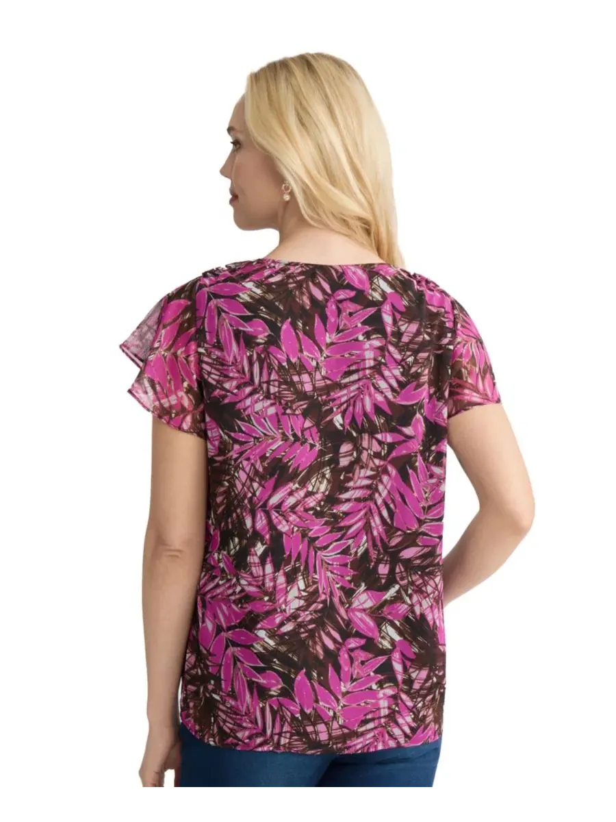 Блуза с коротким рукавом-крылышком и V-образным вырезом, модель Printed V-Neck Top Jones New York — изображение 4 из 4