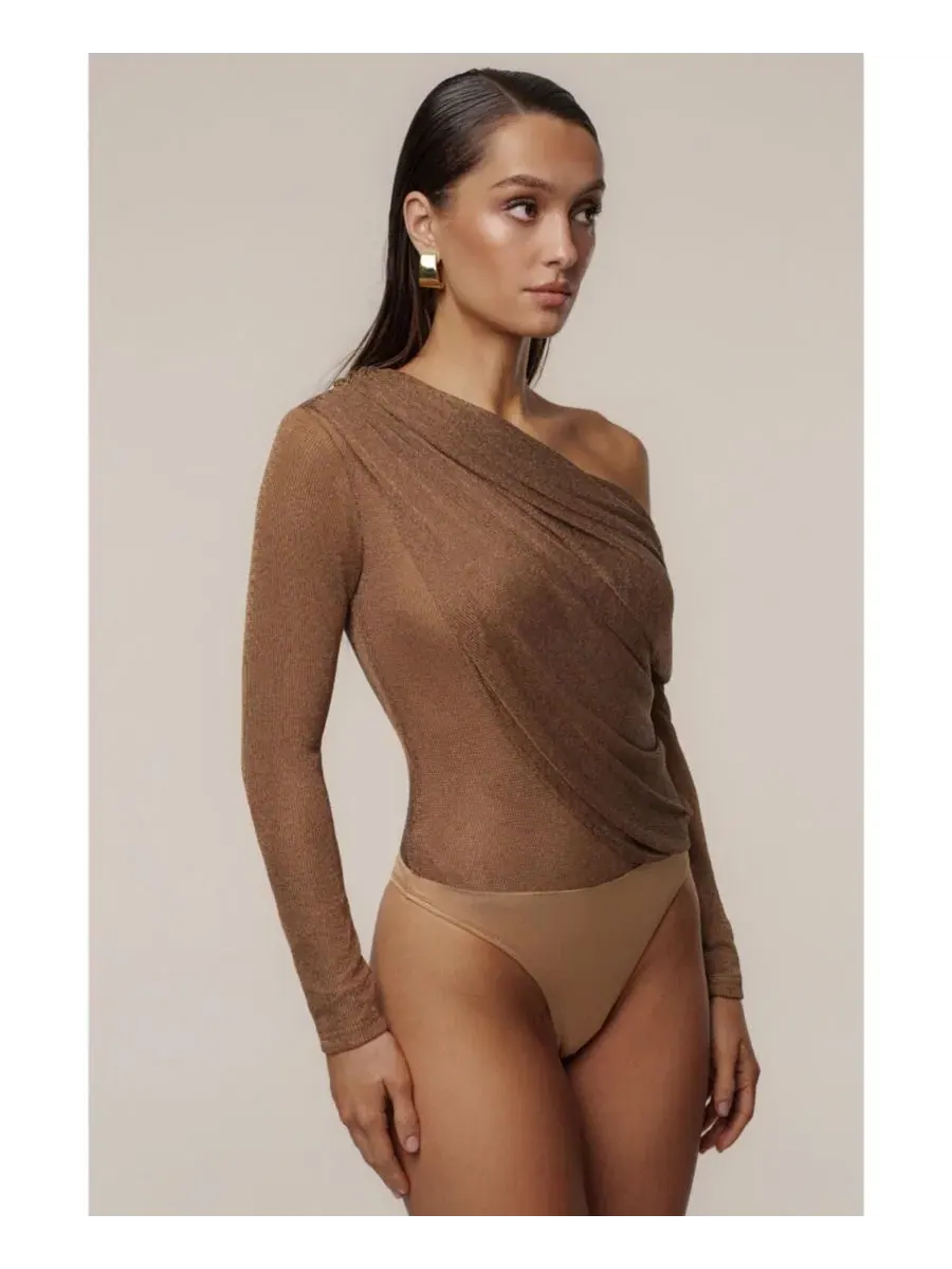 Женский боди-комбинезон Opulent Metallic с длинным рукавом JLUXLABEL — изображение 7 из 8, коричневый