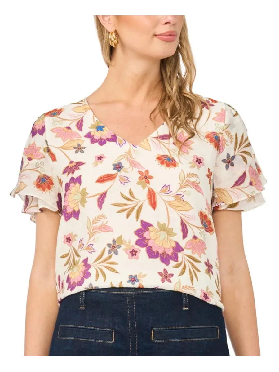 Блуза с V-образным вырезом и рюшами, модель Printed V-Neck Ruffle Seam Top Vince Camuto