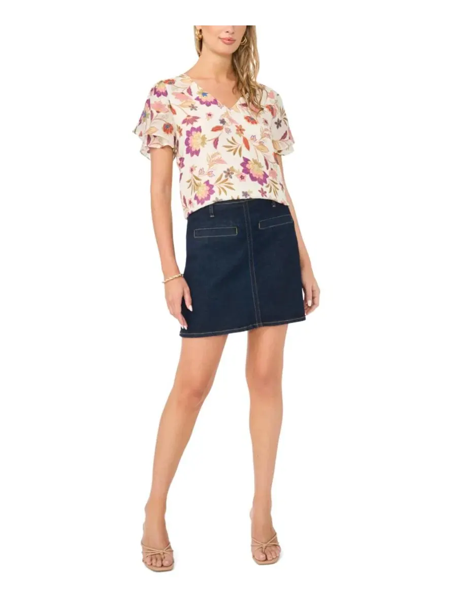 Блуза с V-образным вырезом и рюшами, модель Printed V-Neck Ruffle Seam Top Vince Camuto — изображение 2 из 6, слоновая кость