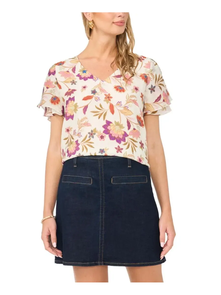 Блуза с V-образным вырезом и рюшами, модель Printed V-Neck Ruffle Seam Top Vince Camuto — изображение 3 из 6, слоновая кость