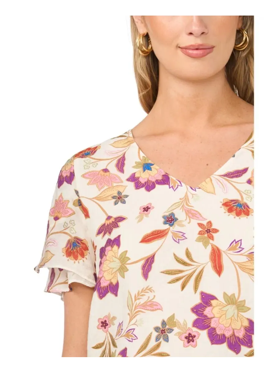 Блуза с V-образным вырезом и рюшами, модель Printed V-Neck Ruffle Seam Top Vince Camuto — изображение 4 из 6, слоновая кость