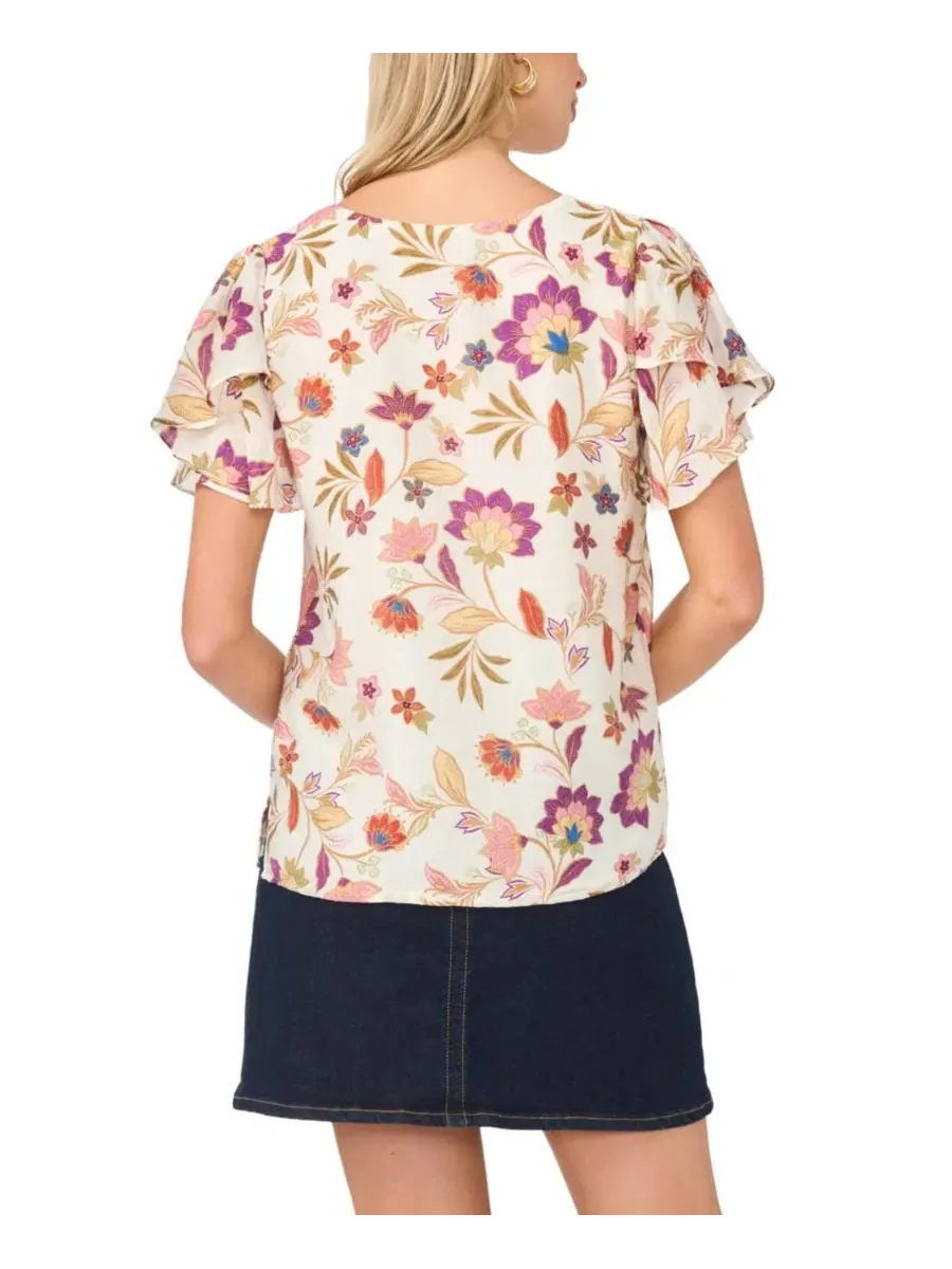 Блуза с V-образным вырезом и рюшами, модель Printed V-Neck Ruffle Seam Top Vince Camuto — изображение 5 из 6, слоновая кость