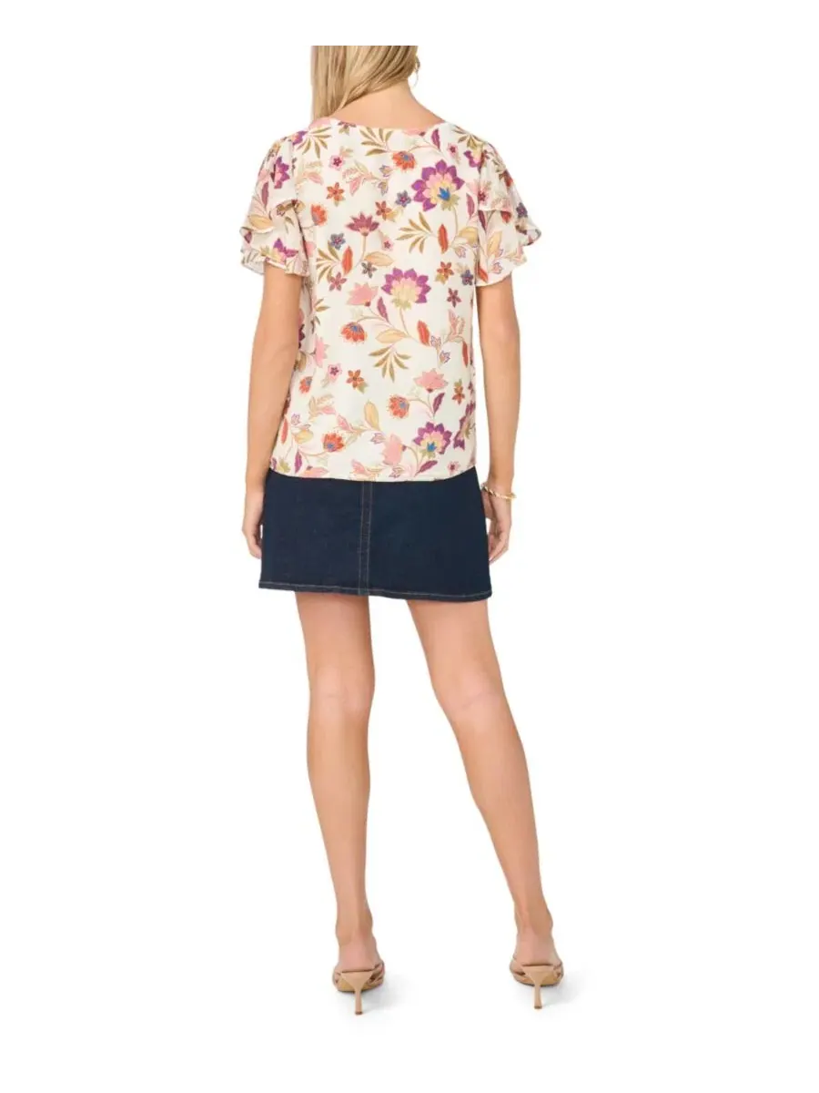 Блуза с V-образным вырезом и рюшами, модель Printed V-Neck Ruffle Seam Top Vince Camuto — изображение 6 из 6, слоновая кость