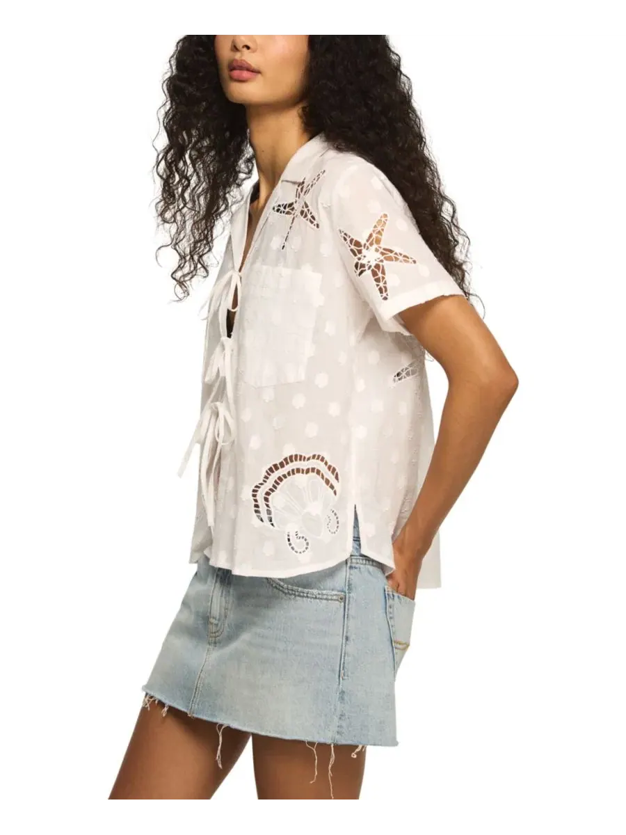 Рубашка с вырезным узором, завязкой спереди и коротким рукавом Lucky Brand — изображение 3 из 6, яркий белый