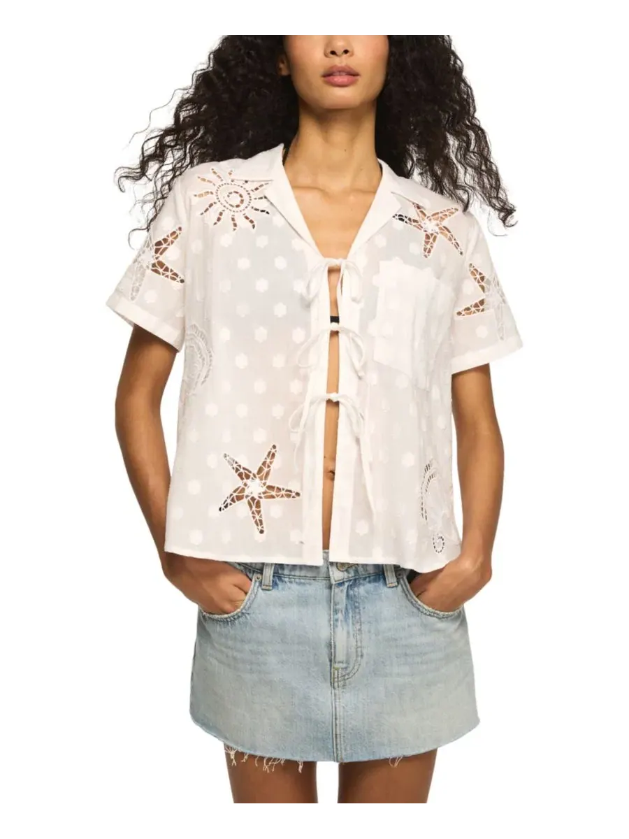 Рубашка с вырезным узором, завязкой спереди и коротким рукавом Lucky Brand — изображение 6 из 6, яркий белый