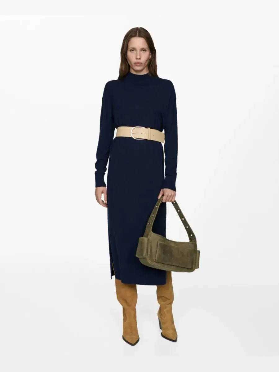 Платье оверсайз с высоким воротником, с разрезом по бокам, модель Round-Neck Knitted MANGO