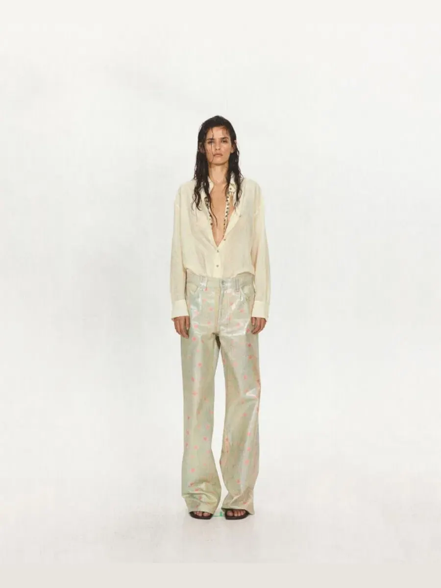 Джинсы прямого кроя с фольгированным принтом, модель Foil-Printed Straight Mid-Rise MANGO — изображение 2 из 7, серебряный