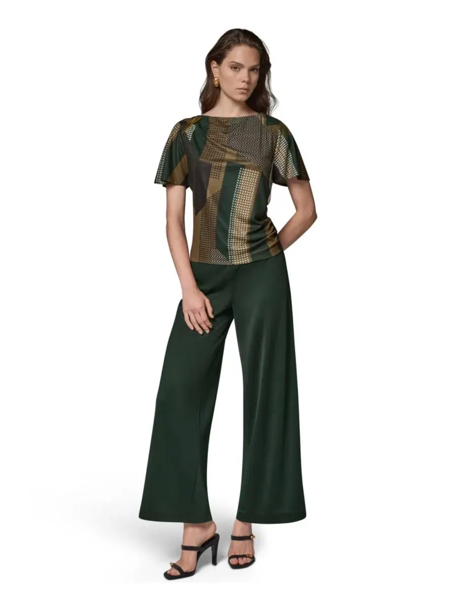 Женский топ с принтом, лодочка, с коротким рукавом-колокол Donna Karan New York — изображение 6 из 8, оливковый/черный