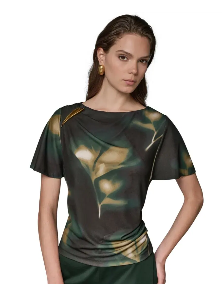 Женский топ с принтом и горловиной-лодочкой Donna Karan New York — изображение 1 из 9, оливковый мульти