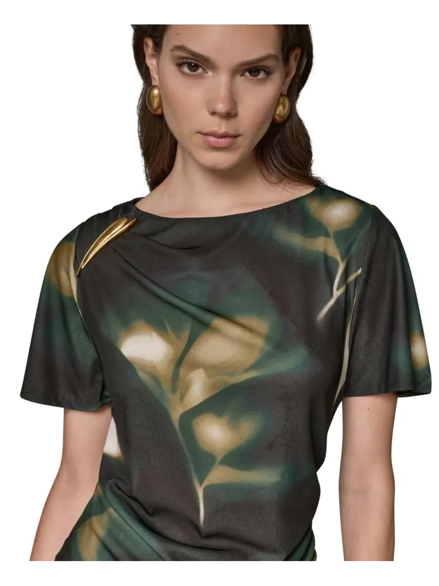 Женский топ с принтом и горловиной-лодочкой Donna Karan New York — изображение 4 из 9, оливковый мульти