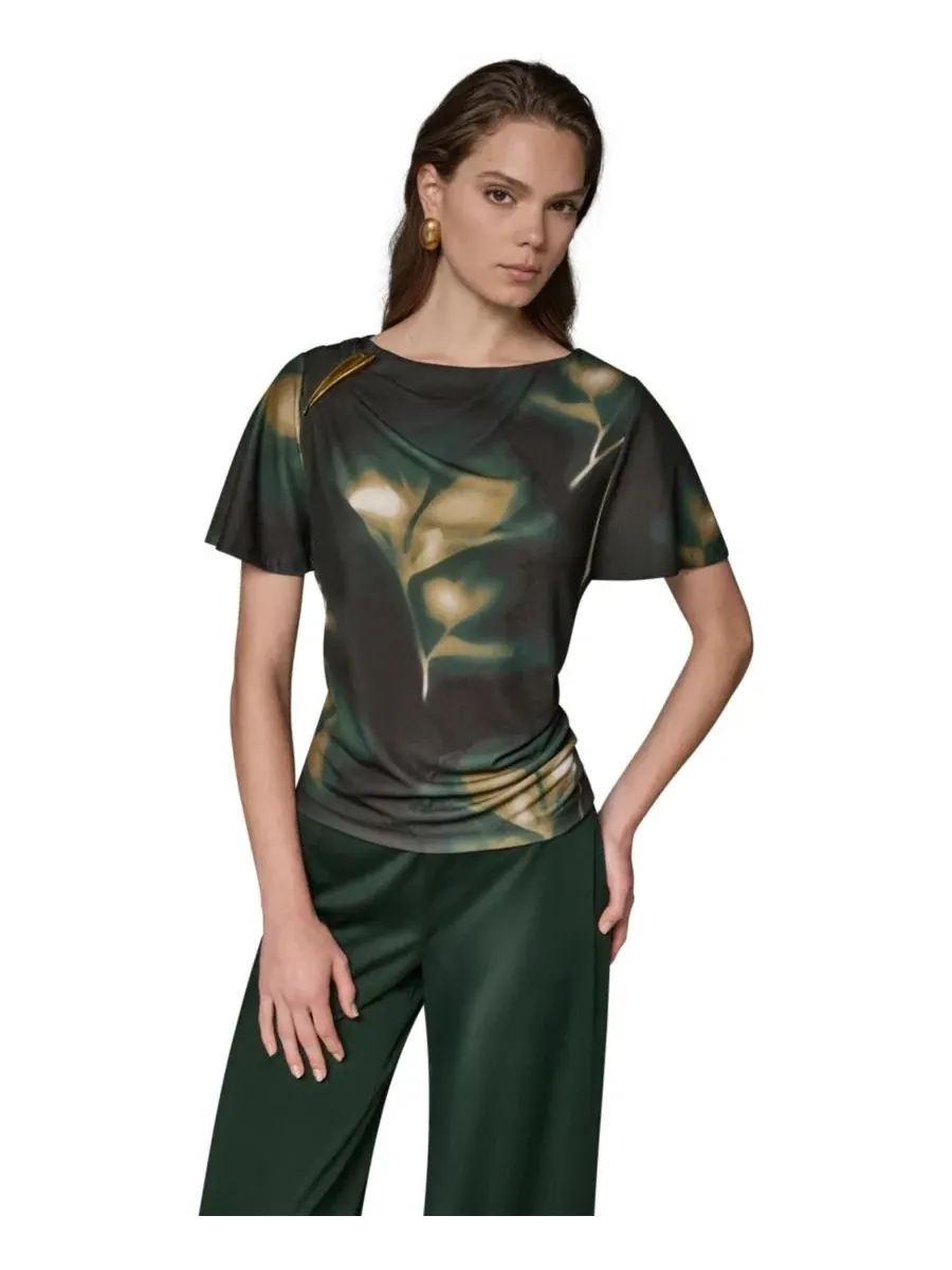 Женский топ с принтом и горловиной-лодочкой Donna Karan New York — изображение 7 из 9, оливковый мульти
