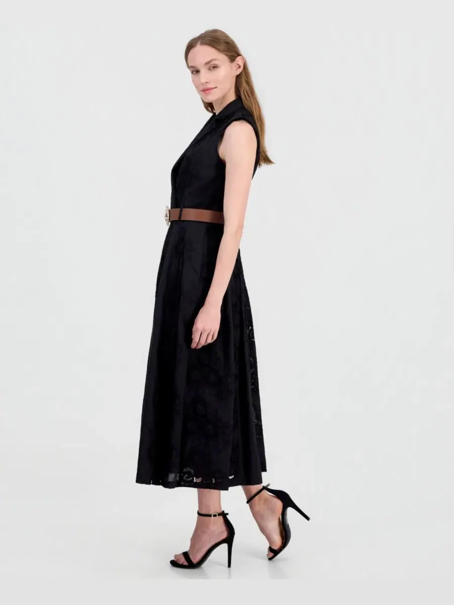 Платье миди без рукавов с вышивкой и поясом Anne Klein — изображение 4 из 5, черный