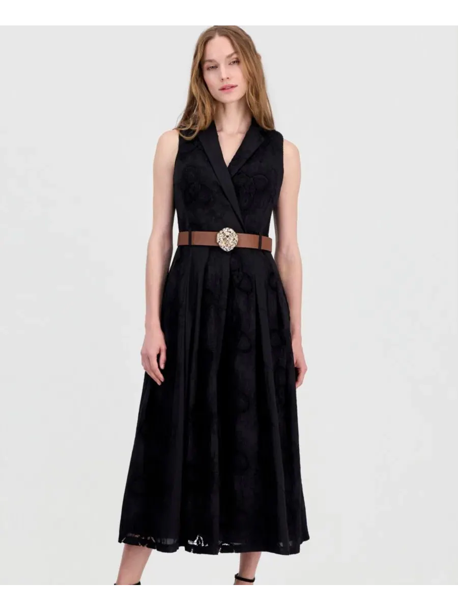 Платье миди без рукавов с вышивкой и поясом Anne Klein — изображение 5 из 5, черный