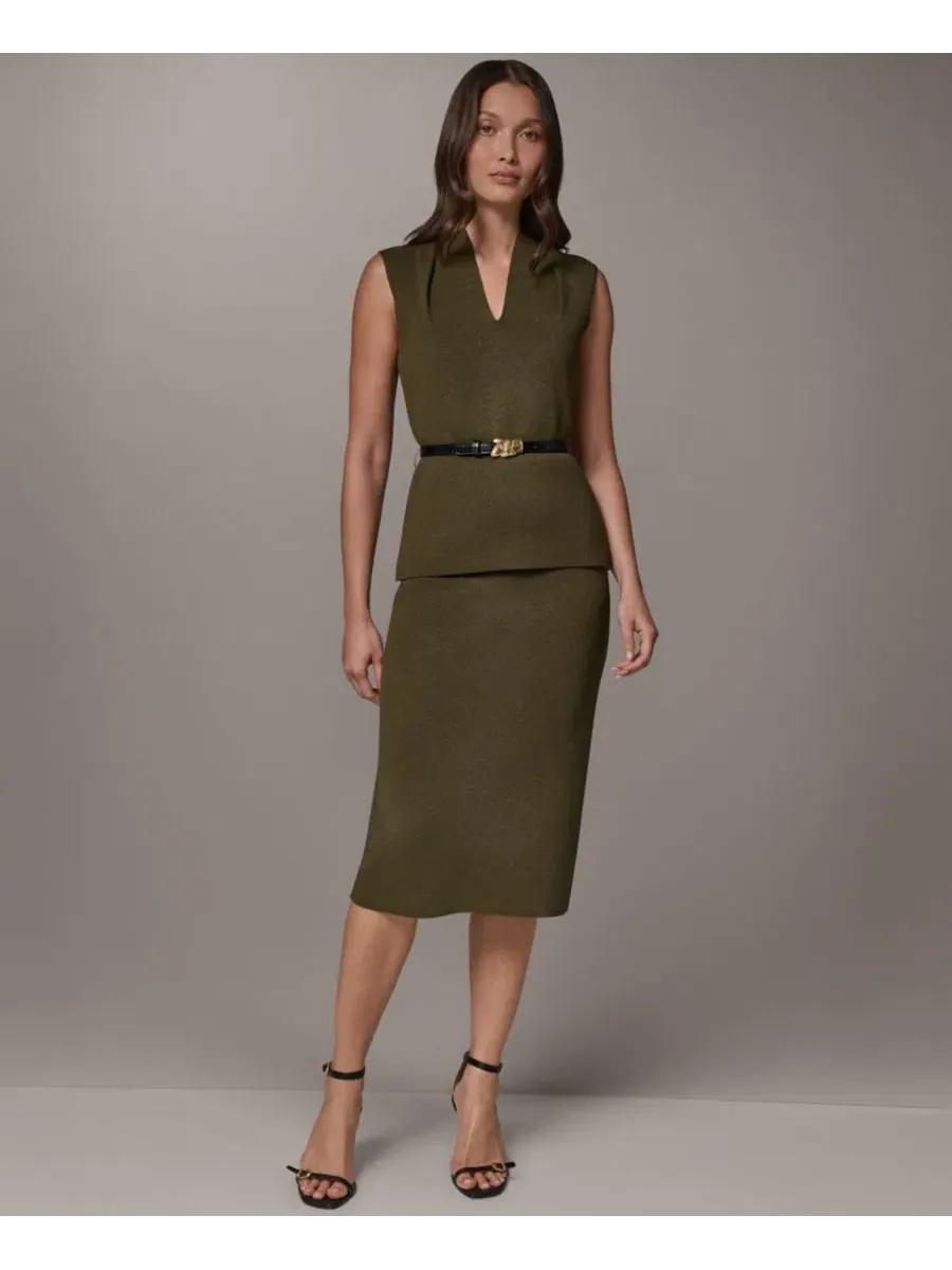 Блуза без рукавов с V-образным вырезом и поясом Donna Karan New York — изображение 2 из 9, оливковый