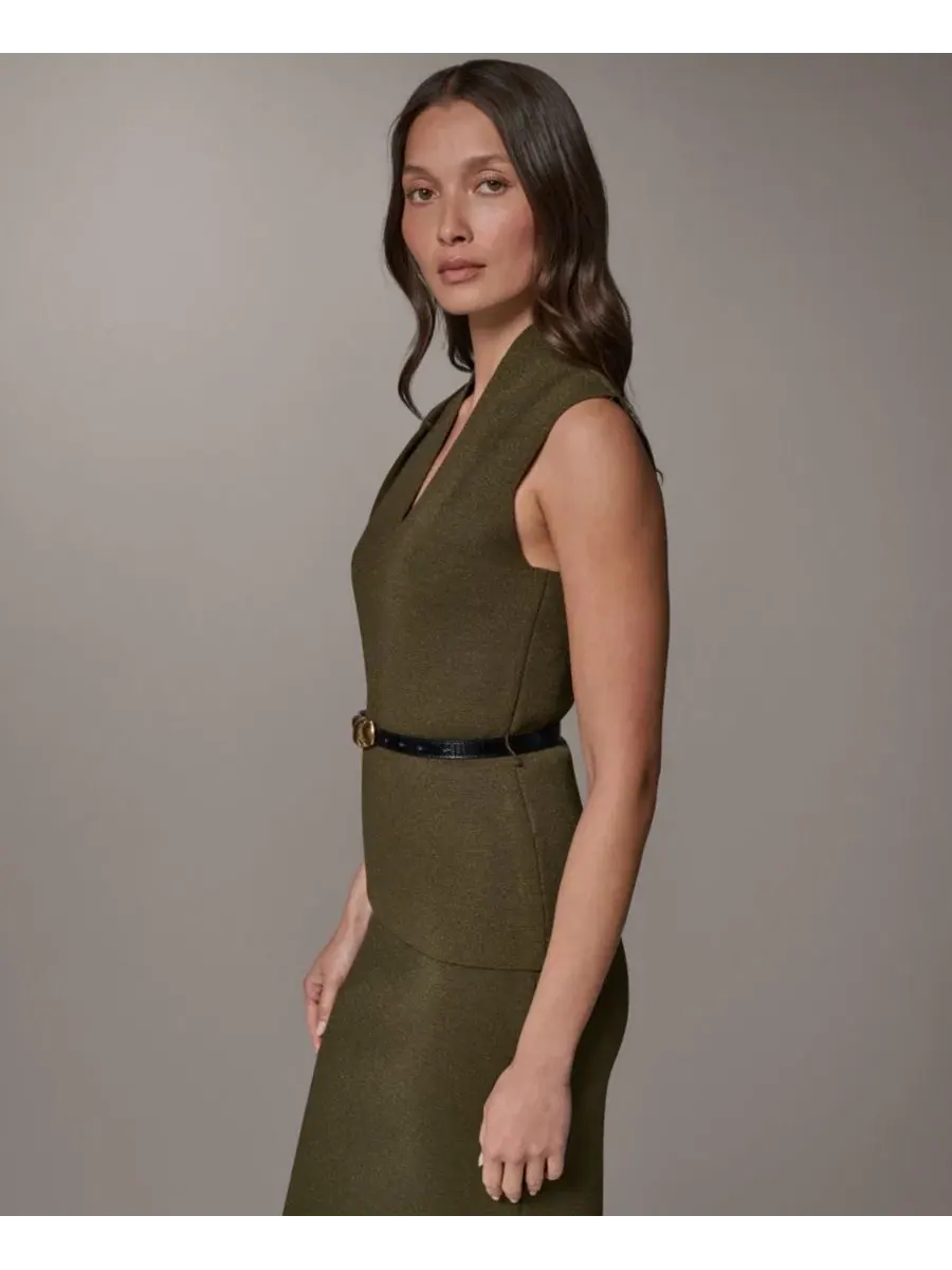 Блуза без рукавов с V-образным вырезом и поясом Donna Karan New York — изображение 3 из 9, оливковый
