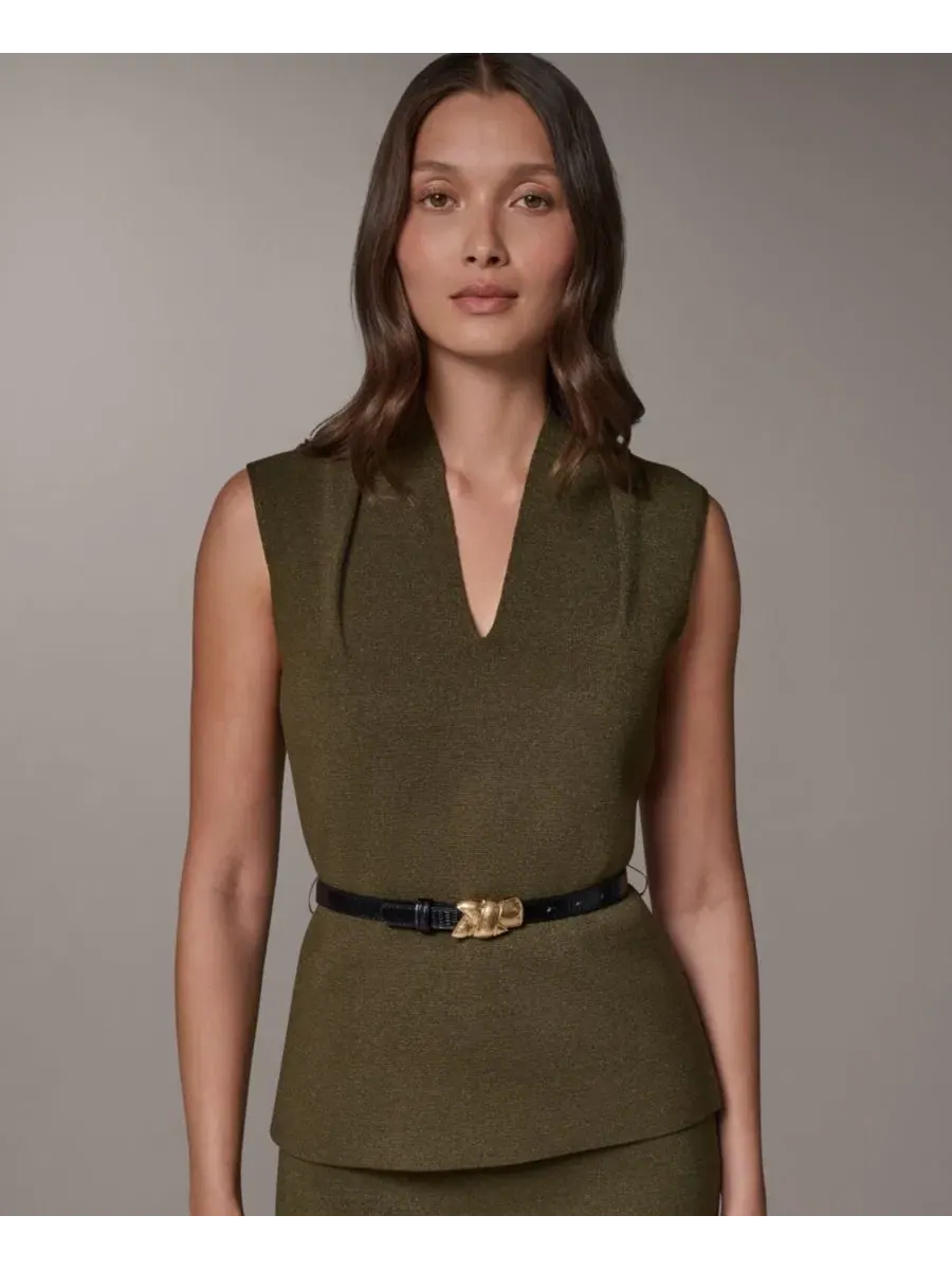 Блуза без рукавов с V-образным вырезом и поясом Donna Karan New York — изображение 9 из 9, оливковый