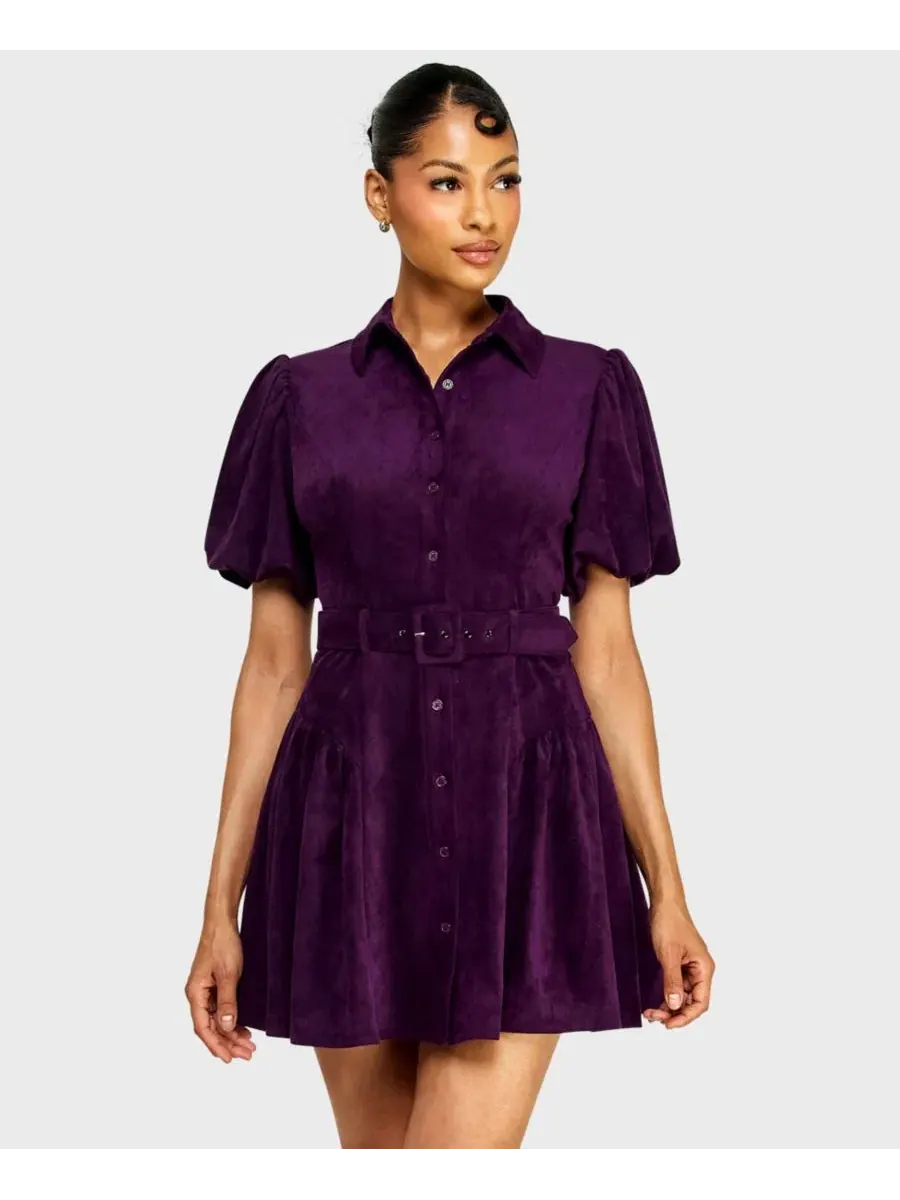 Платье мини с поясом и пуговицами спереди, модель Button-Front Suede Belted Mini Dress Alex &