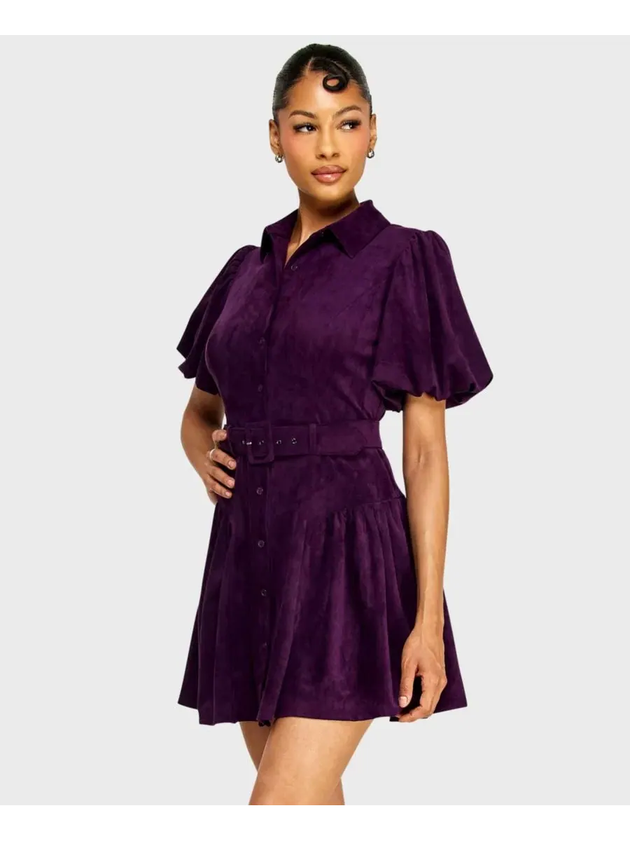 Платье мини с поясом и пуговицами спереди, модель Button-Front Suede Belted Mini Dress Alex & — изображение 3 из 6