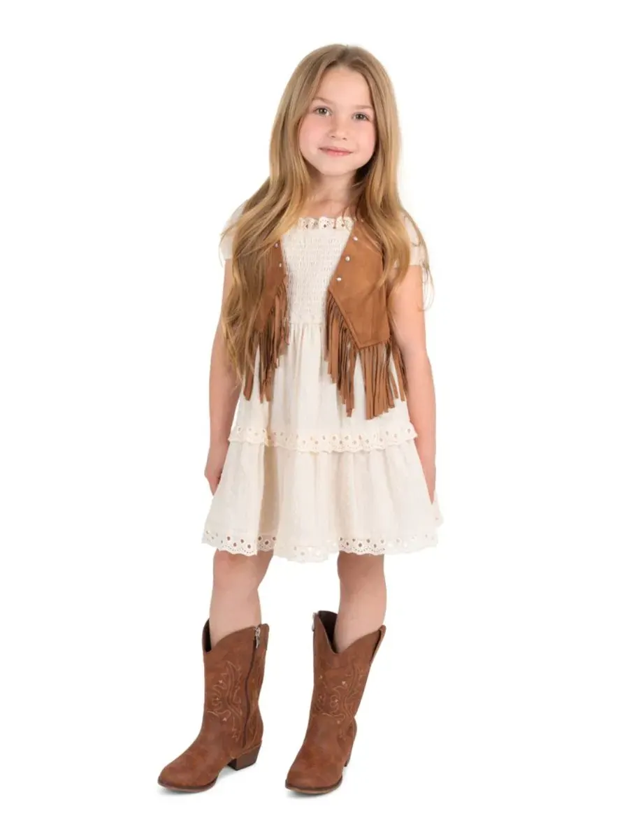 Комплект из платья и жилета с бахромой, модель Suede Fringe Vest and Clip Dot Cotton Puff Sleeve