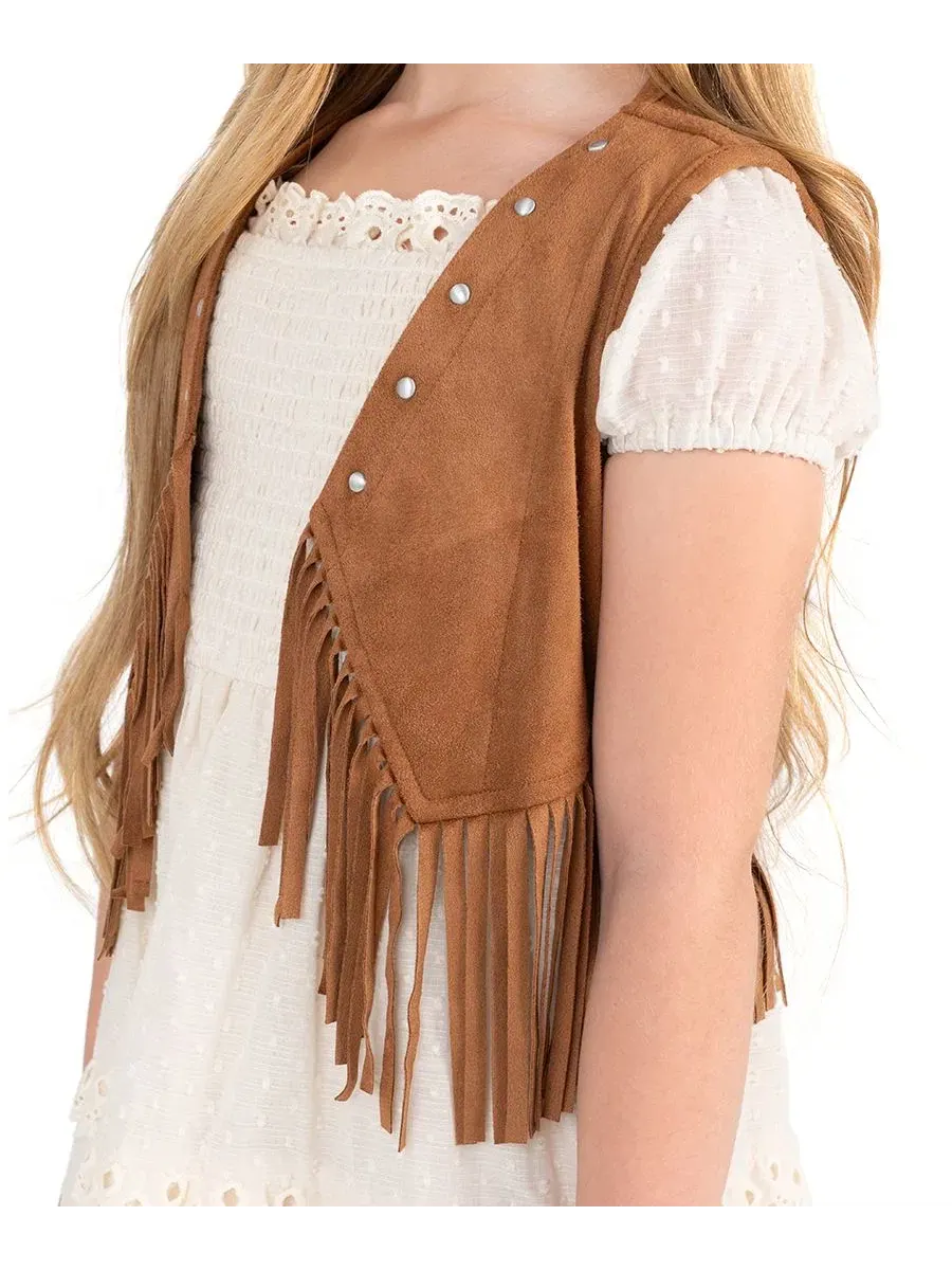 Комплект из платья и жилета с бахромой, модель Suede Fringe Vest and Clip Dot Cotton Puff Sleeve — изображение 2 из 7, белый