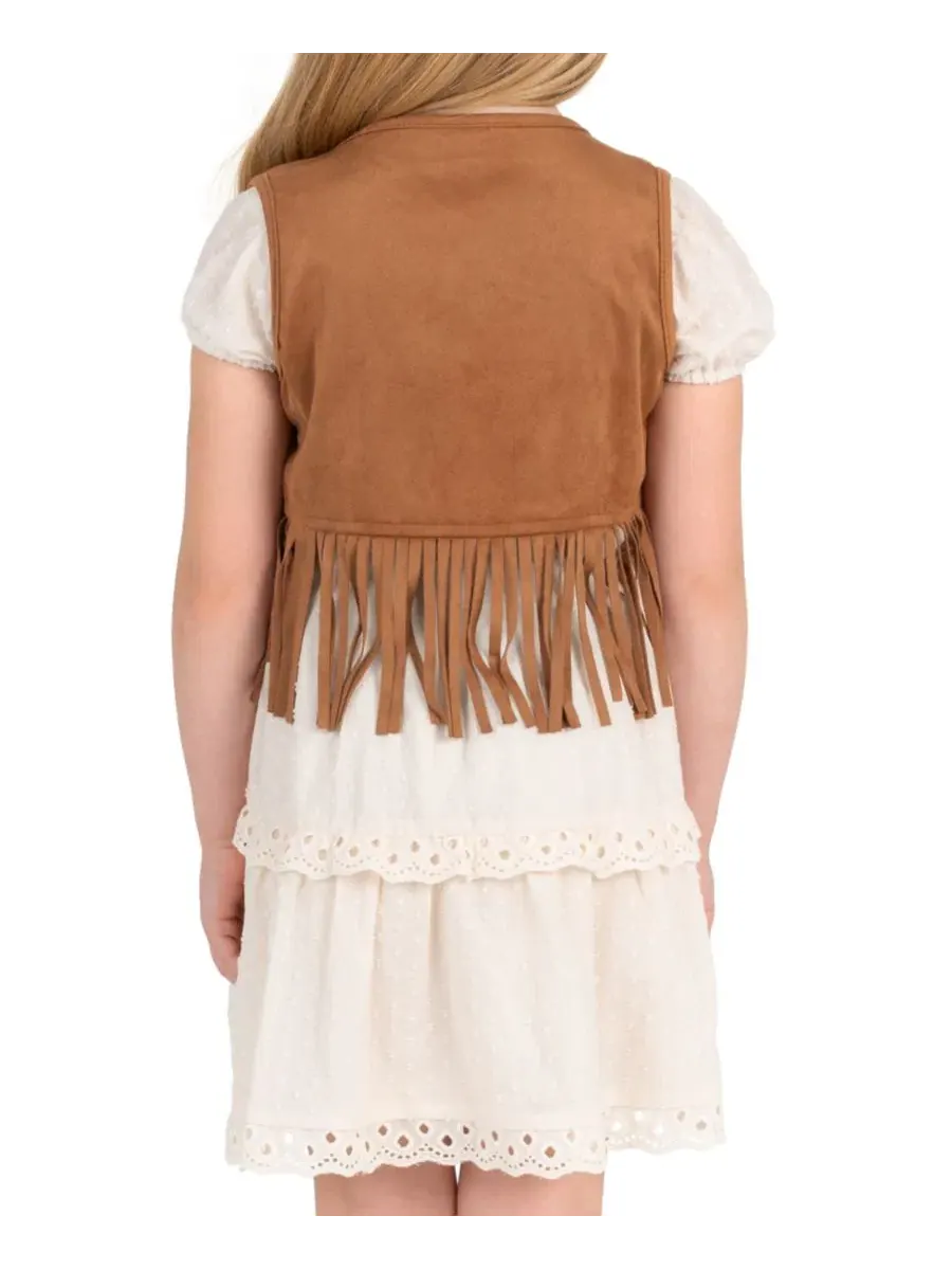 Комплект из платья и жилета с бахромой, модель Suede Fringe Vest and Clip Dot Cotton Puff Sleeve — изображение 3 из 7, белый